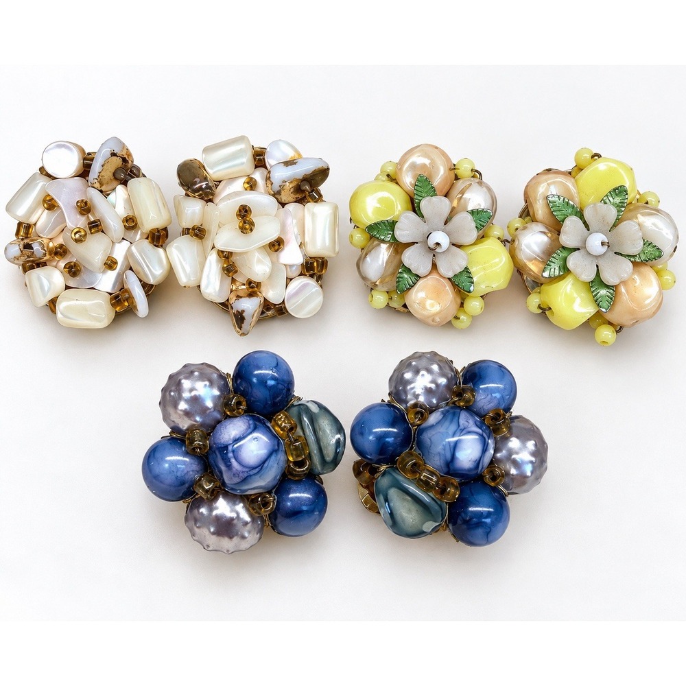 Vintage 1950s Clip On Earrings Lot 3 Pair Hong Kong MOP Beaded Cluster Floral
